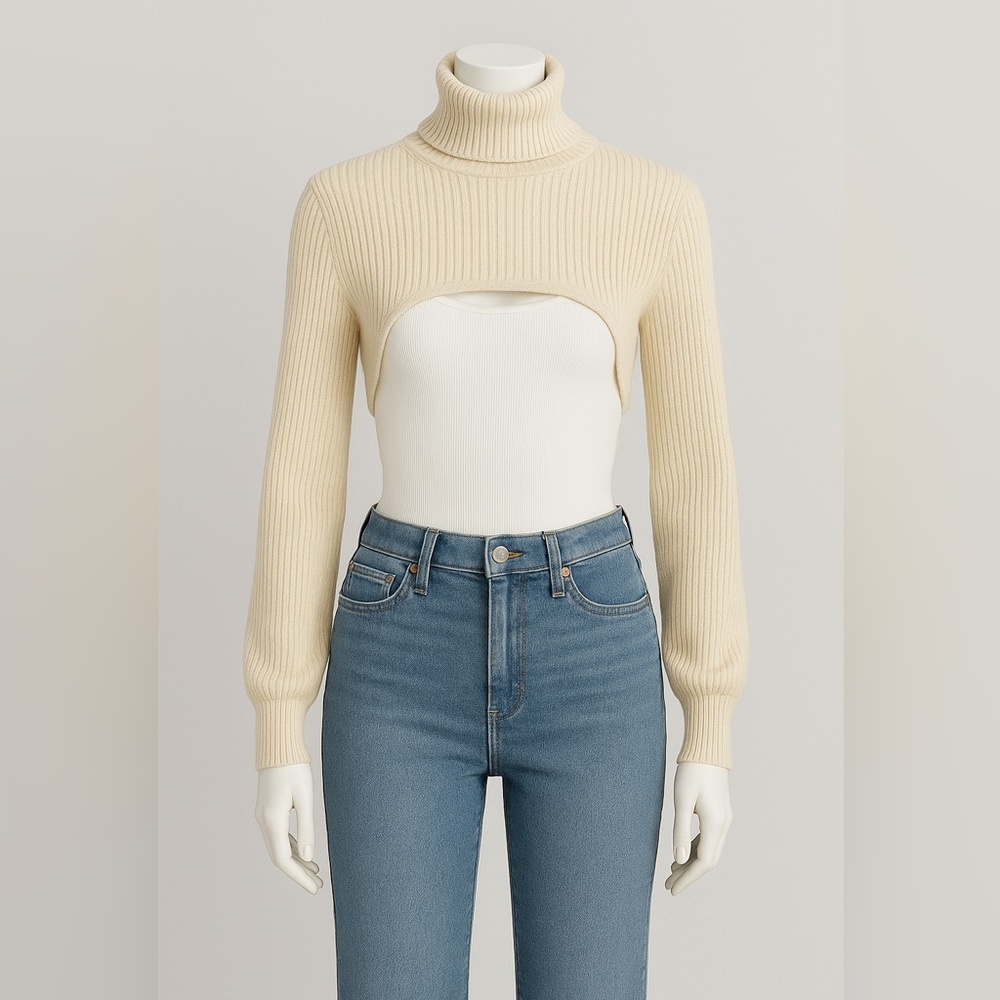 FORE Cream Ribbed Knit Shrug Sweater Turtleneck Bolero Long Sleeve Size M